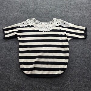 Luna Striped Knit Top Lace Crochet Neckline Short Sleeve XL Black White Womens